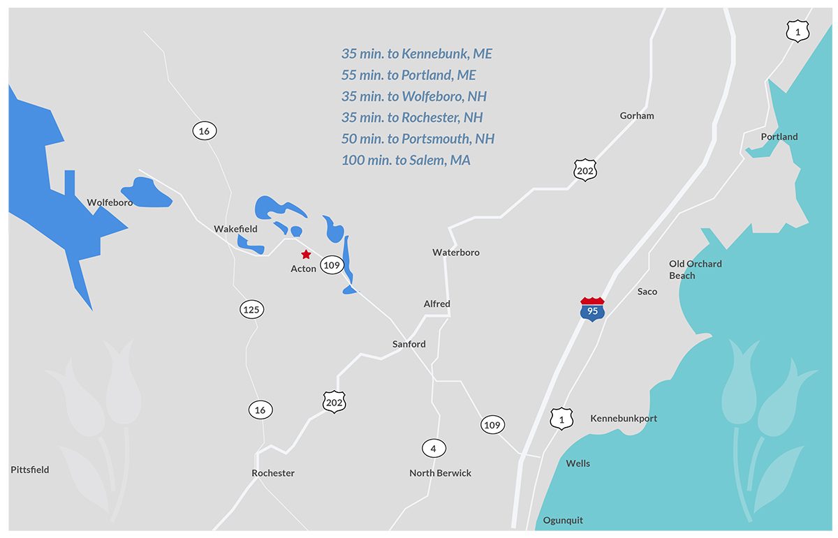 visual map of distances to Barn Lights wedding venue in Acton, Maine