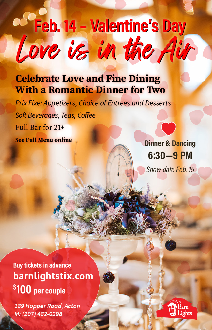 Enjoy a cozy, intimate dining experience, with dancing after dinner.  Buy tickets in advance and choose your entree type (including a vegetarian option).  


$50 per person. 