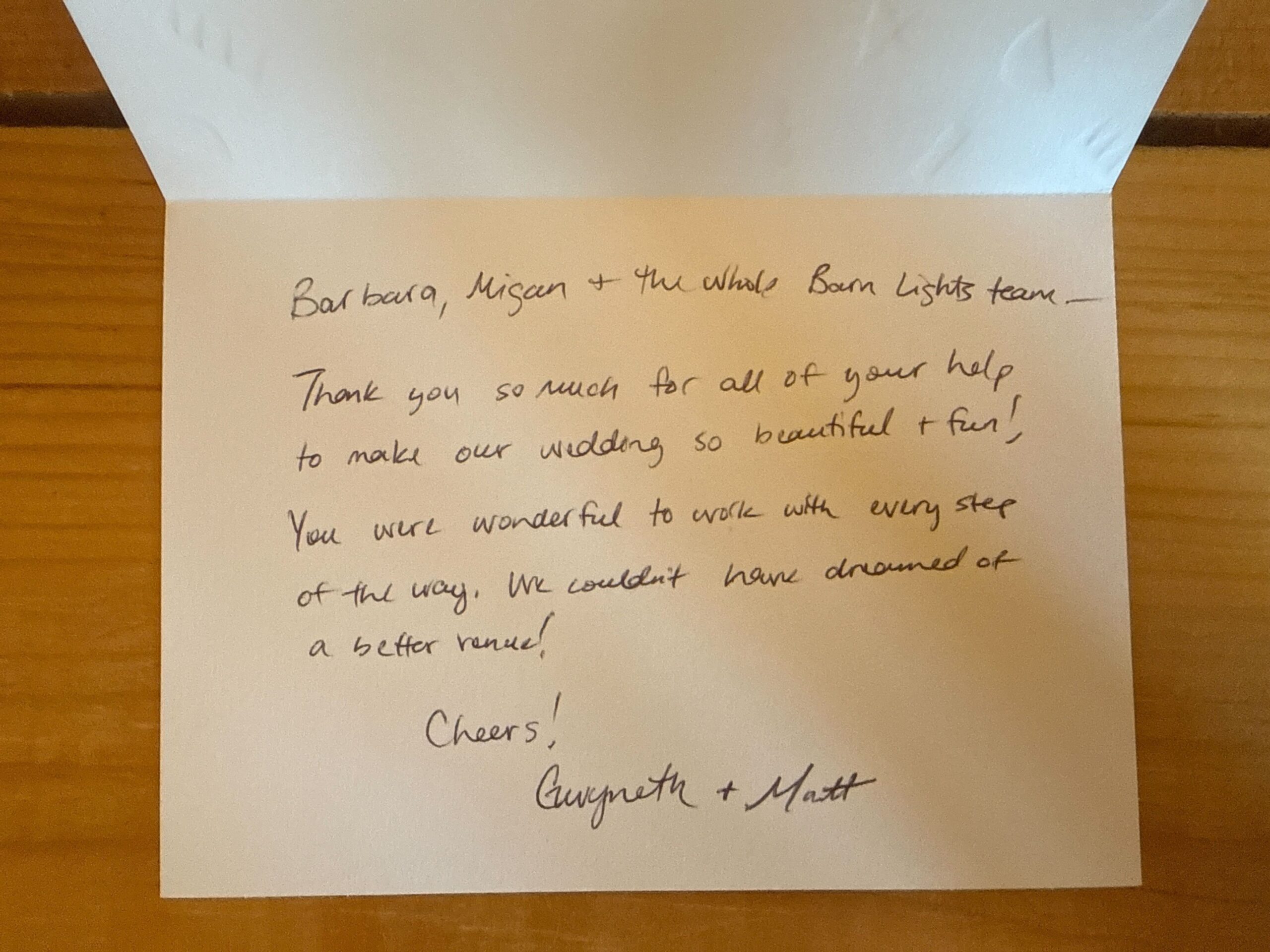 Thank you card from Gwynn